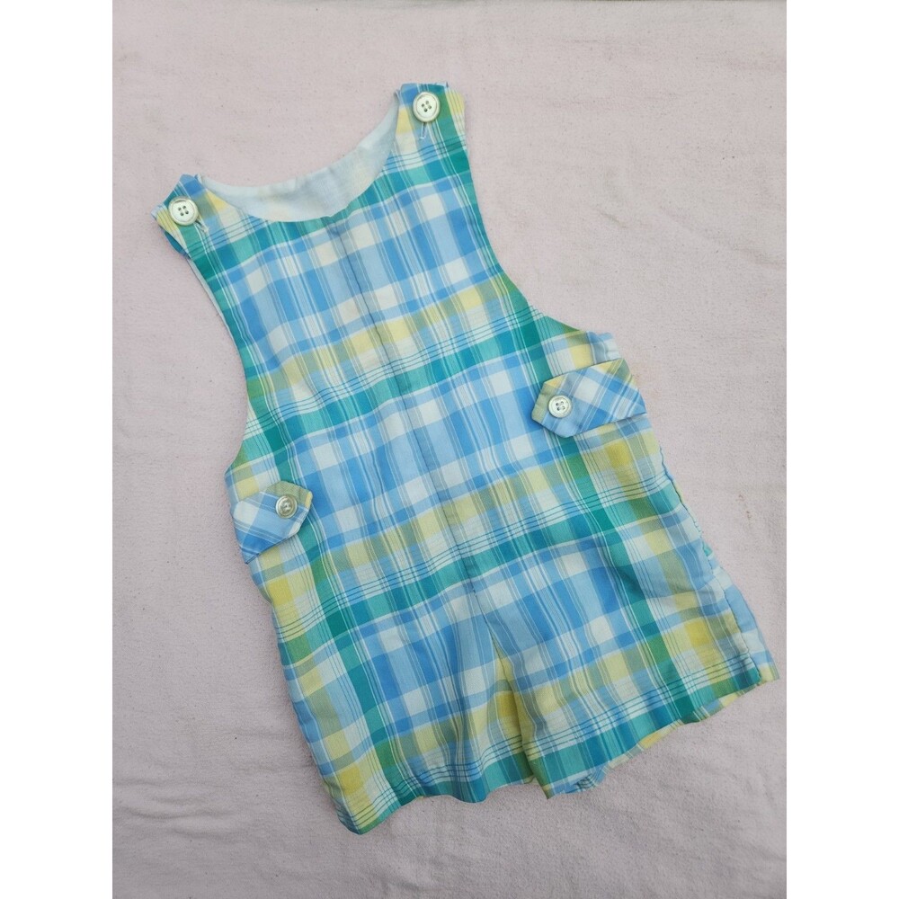 VTG Design by Goodlad Plaid Jon Jon Shortall Romper Baby Boy 3T Blue Green USA